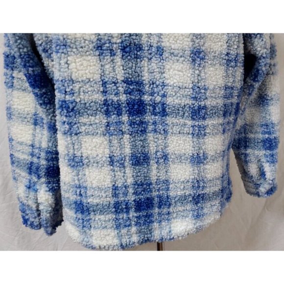 Blair Womens Medium Blue White Plaid Sherpa Snap Front Fuzzy Jacket - Picture 9 of 10